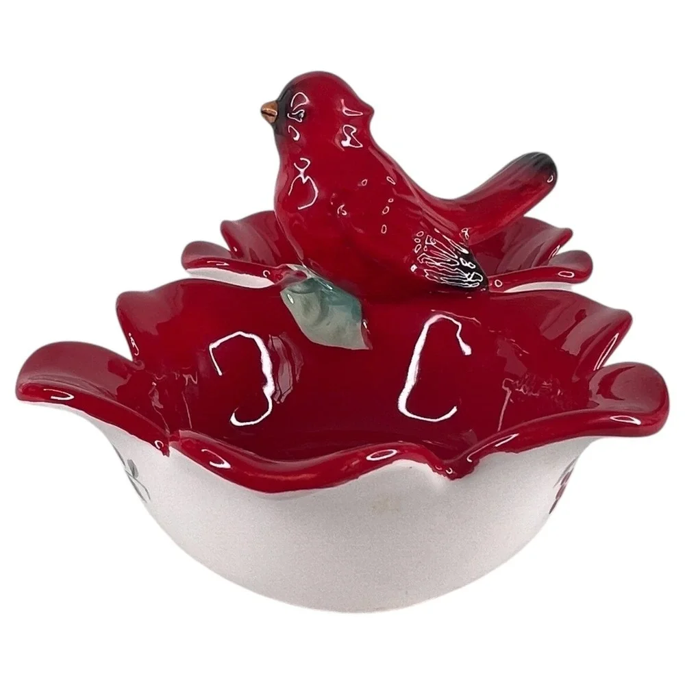 Pfaltzgraff Winterberry 2 Section Cardinal Server Bowl Snack Candy Dish Xmas